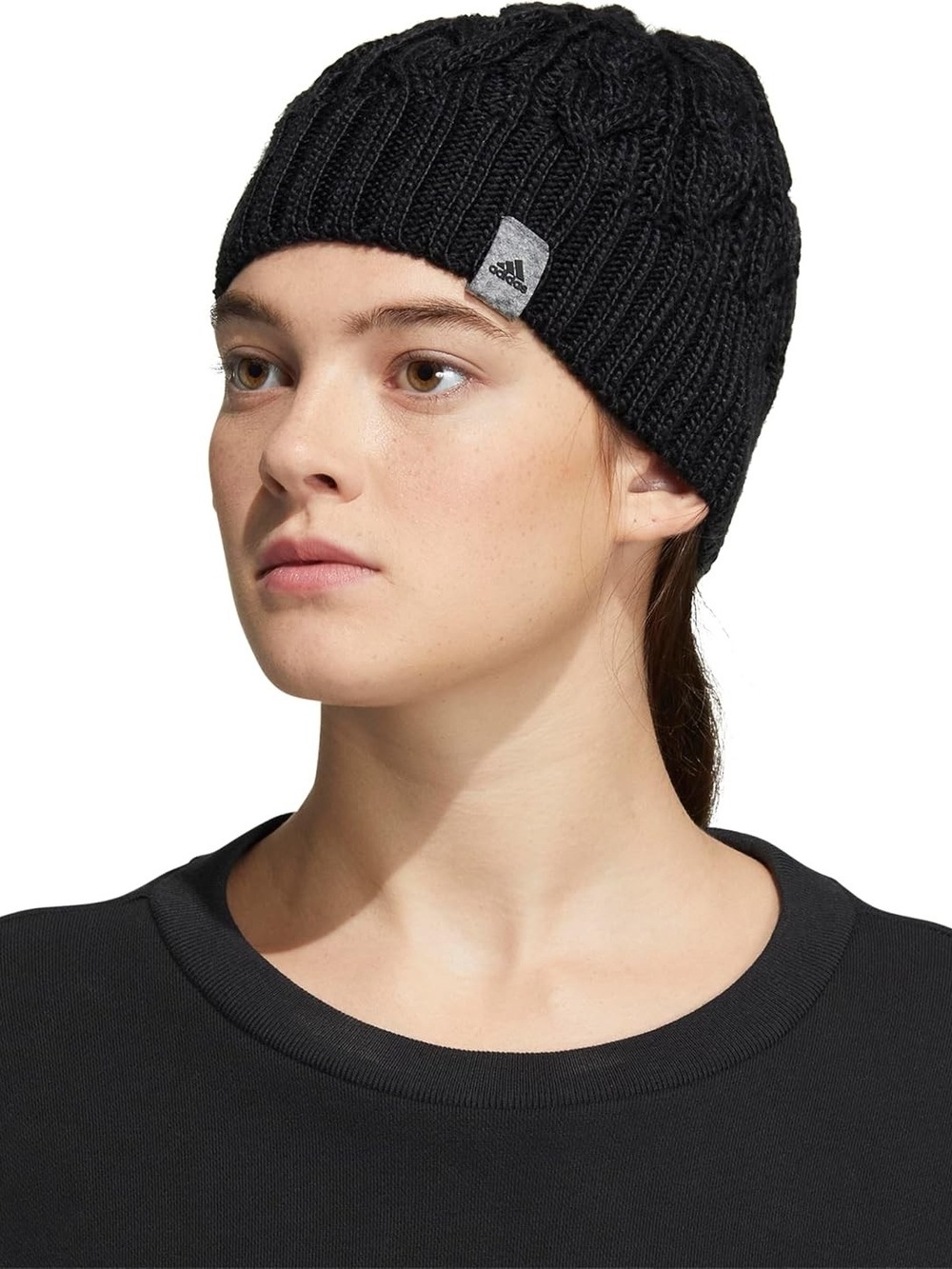 adidas Black Cable-Knit Beanie with Logo Patch